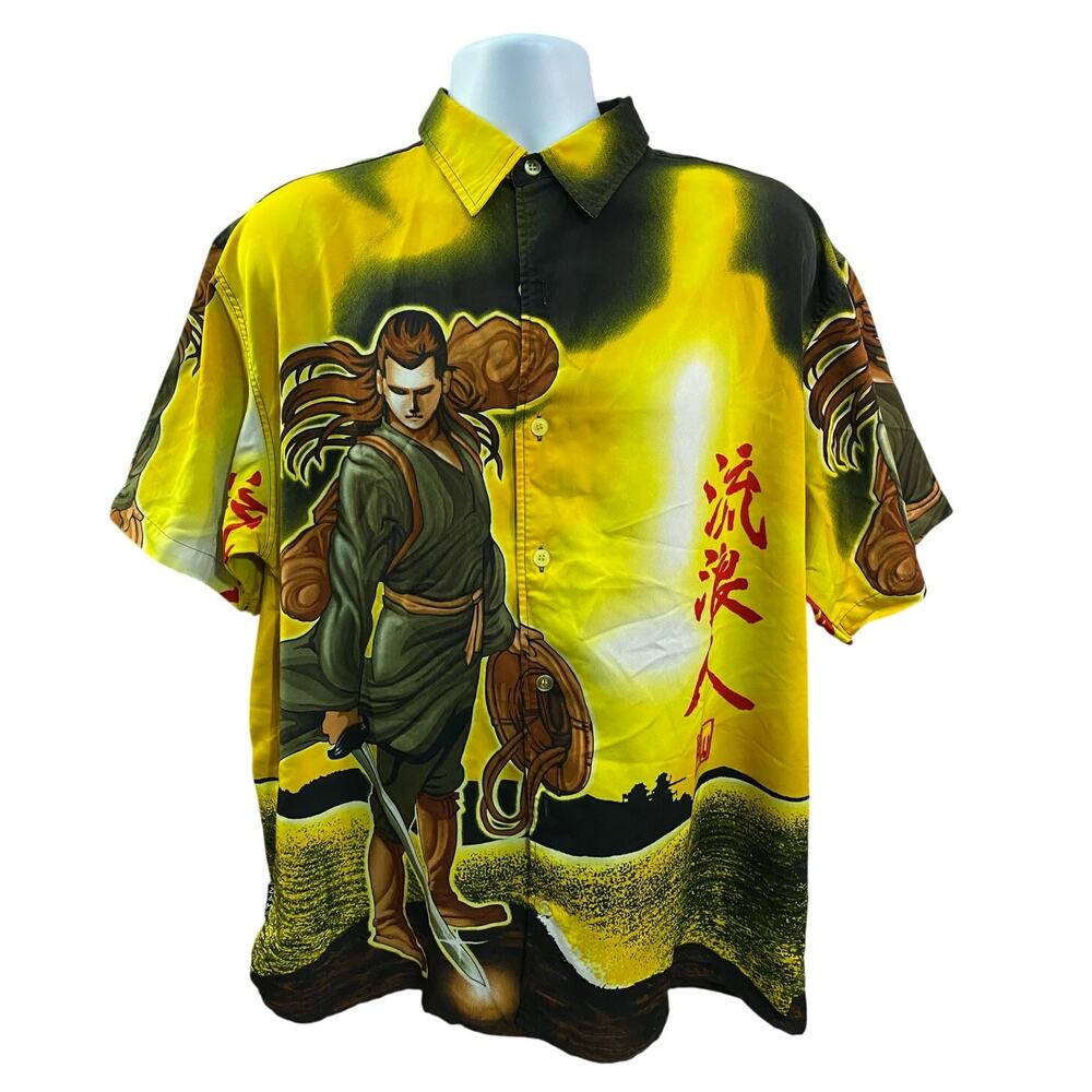 ZAM Collection Shirt Mens Large Samurai Warrior Yellow All Over Print Button Up